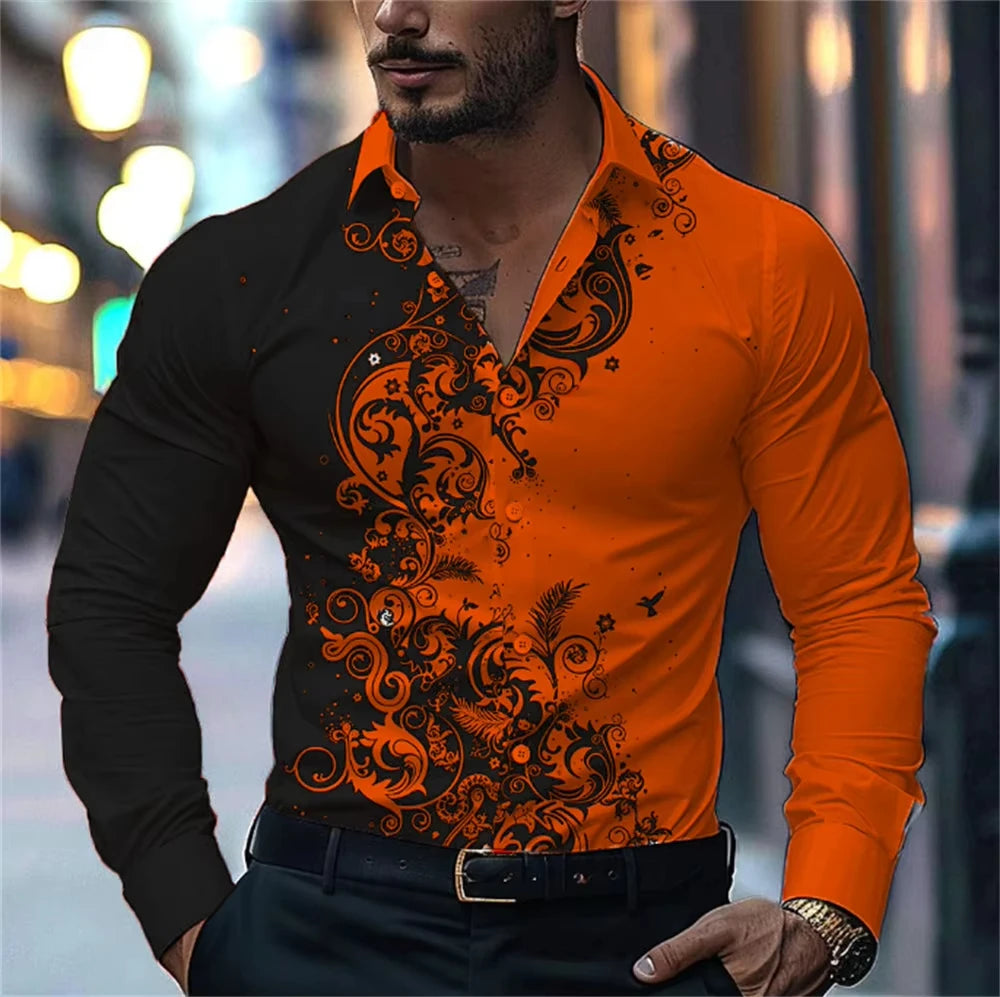 Men Stylish Red Floral Print Dress Shirt - Casual Long Sleeve Button-Up Design.