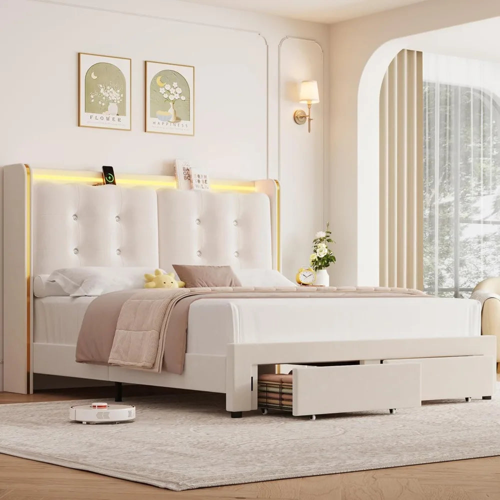 Upholstered Full Led Bed Frame with Charging Station and Storage Drawers Velvet Princess.
