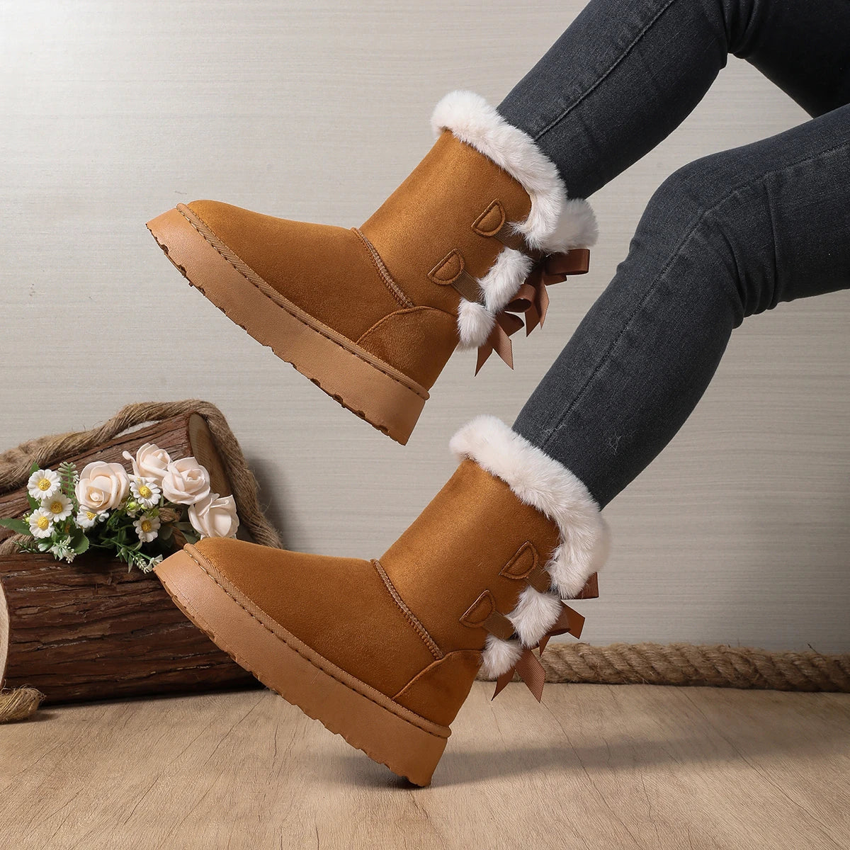 Bow Round Toe Elegant  Flat Wear-resistant Warm Women's Shoes