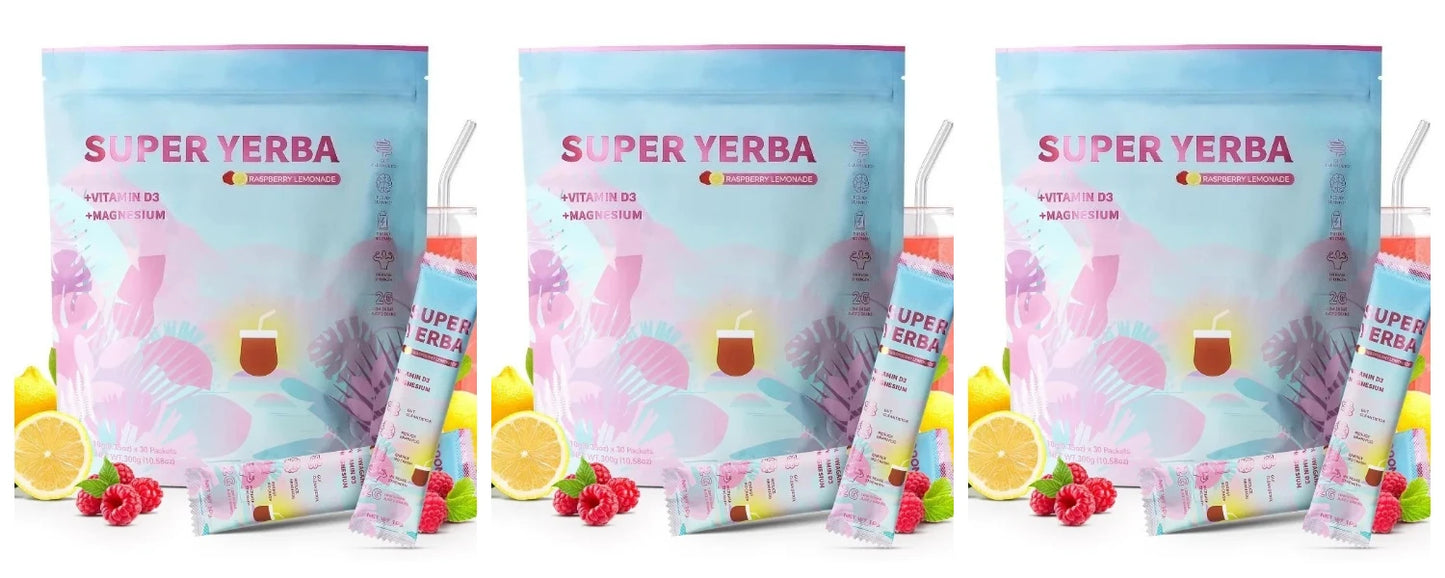 Yerba Instant Powder 30 Packets, Contain Raspberry Lemonade Flavor, Vitamin D3 Prebiotics Support Gut Clean and Provide Energy.