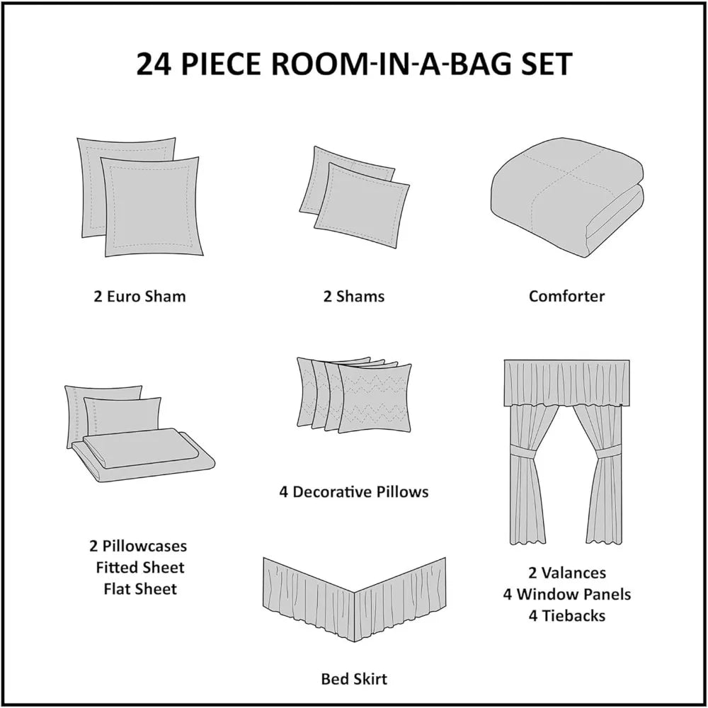 Madison Park Essentials Brystol 24-Piece Bedding Set, with Faux Silk Comforter and Jacquard Paisley Curtains.