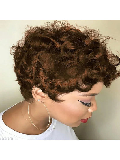 Short Pixie Wigs Short Brown Black Curly Pixie Wigs Synthetic Hair Wigs.