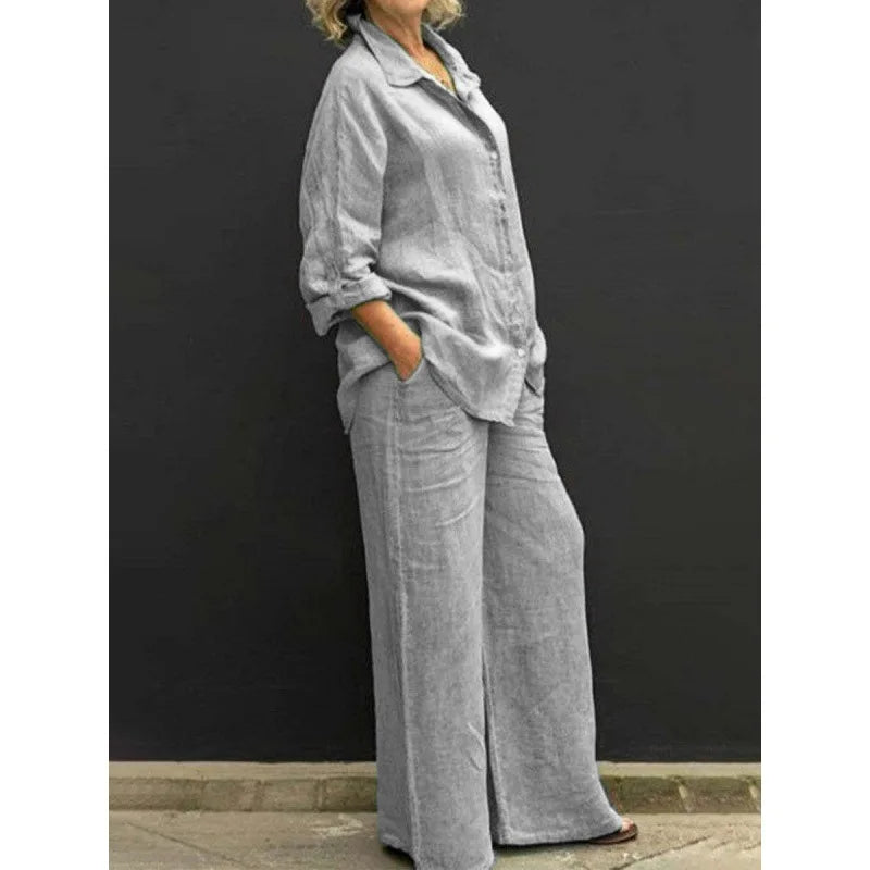 Two Piece Sets Women Outfits,  Fall Simple Long Sleeve Shirt Loose Trousers Set Office Casual.