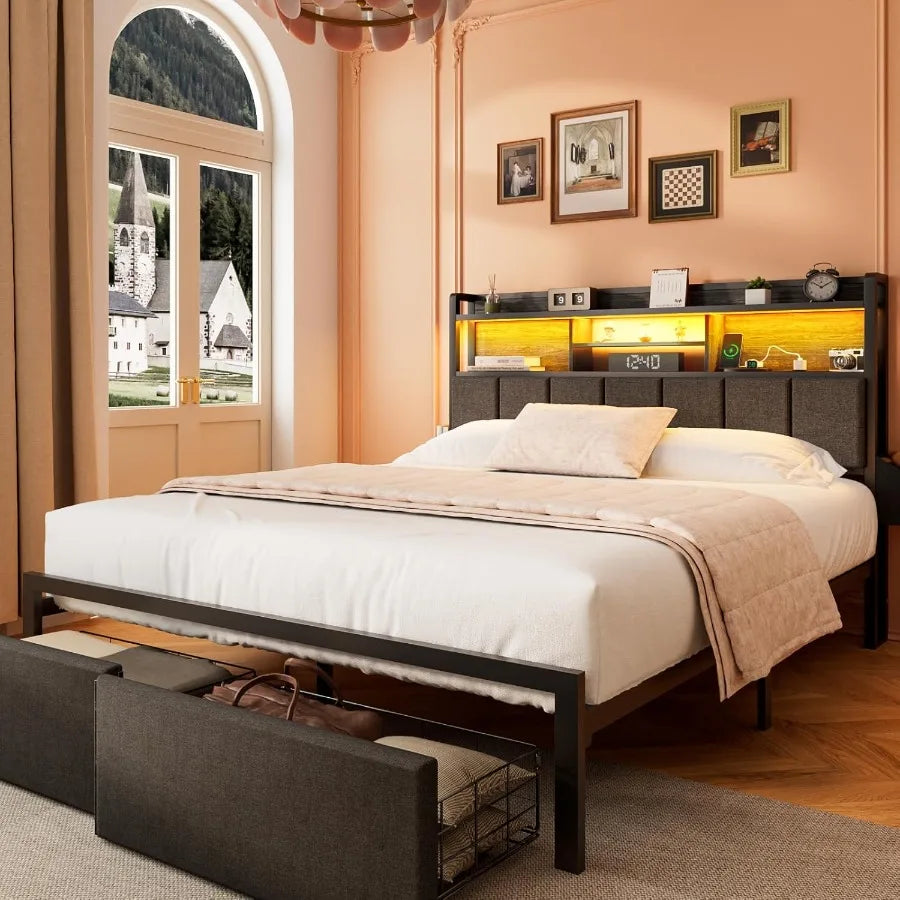 Full Size Bed Frame with Headboard ,with Storage Drawers, Charging Station, and LED Lights.