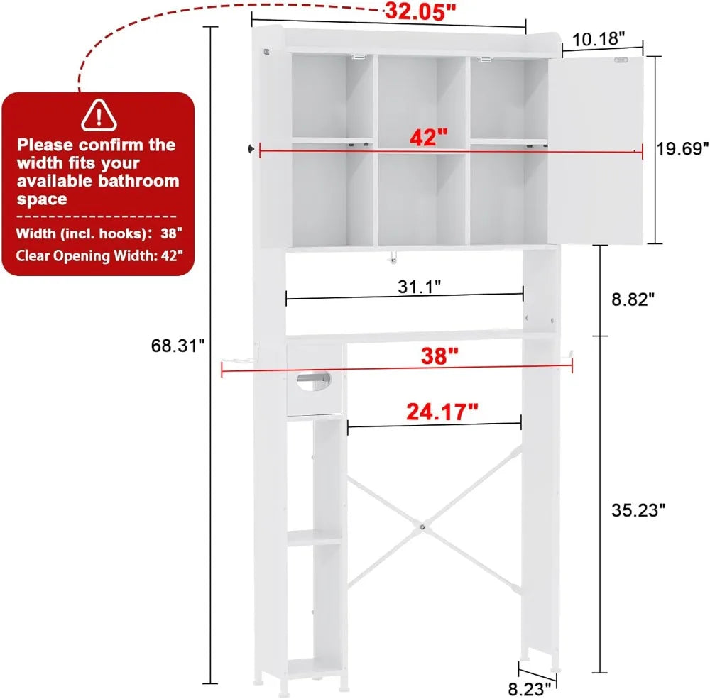 32"W Over The Toilet Storage Cabinet, with Metal Frame and 7 Storage Shelves.