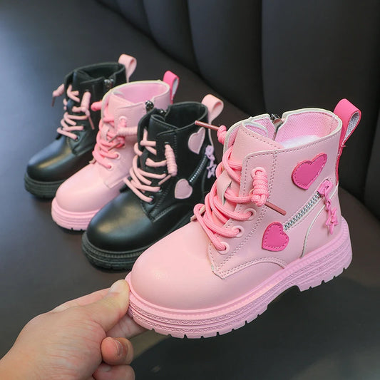 Girls Boots Kids Fashion Rubber Autumn and Winter, Cotton Soft Sole Pink with Love, Side Zip Princess Round-toe.
