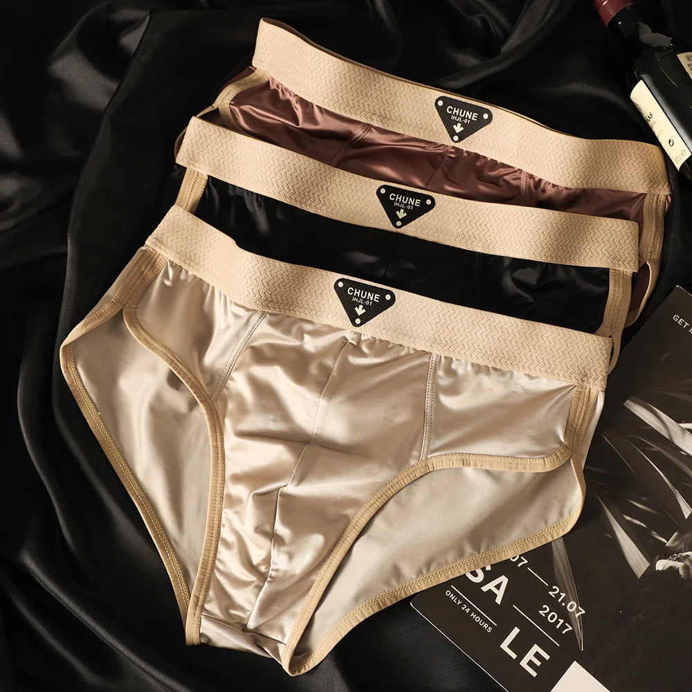 3PCS/Pack Luxury Satin-like Men Briefs, Ice Silk Hygroscopic Breathable Mesh Crotch High Elastic Men Underwear.