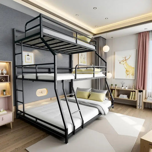 Triple Bunk Bed with Long & Short Ladder, Full-Length Guardrails, Easy Assembly, for Kids.