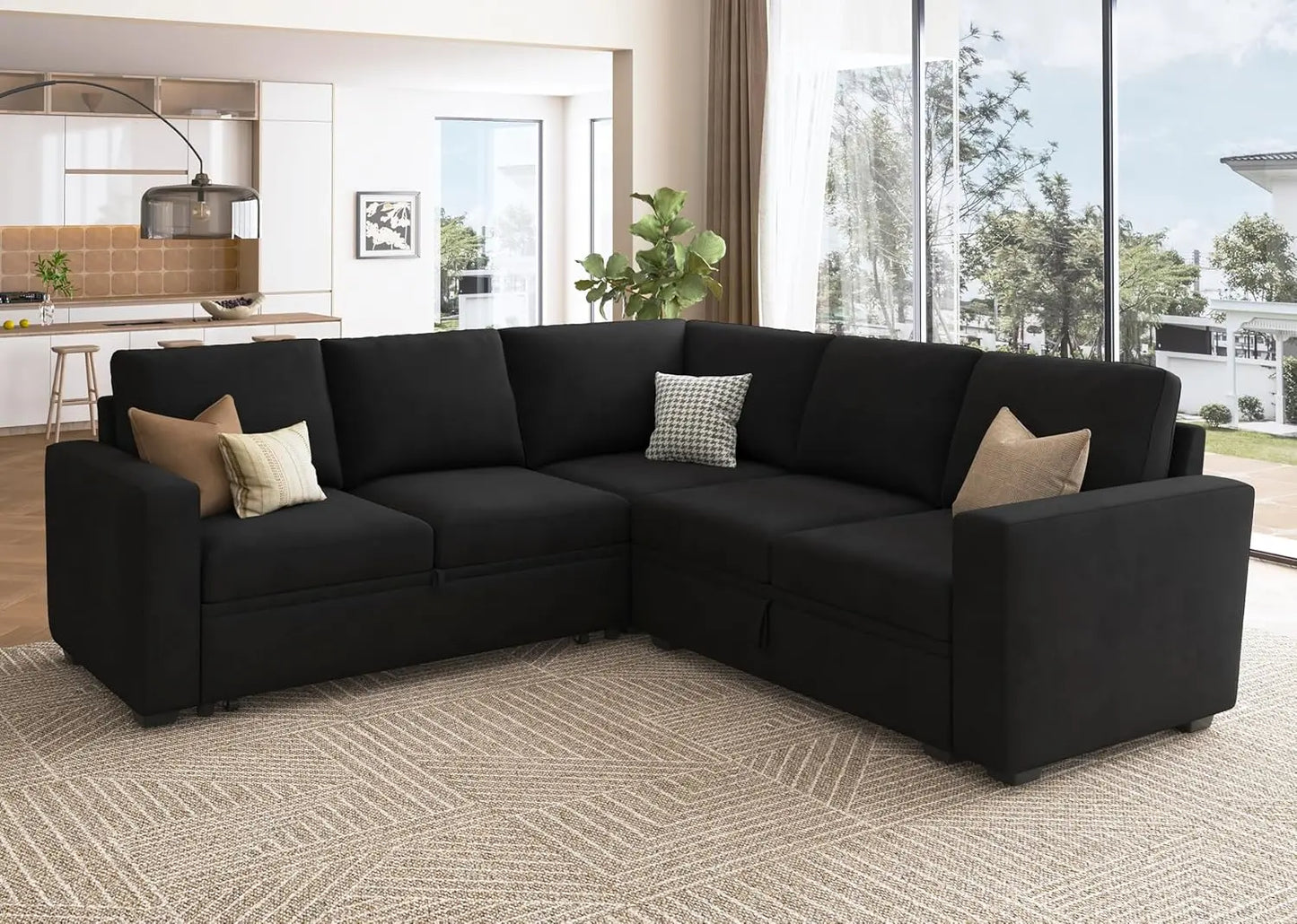 Velvet Sleeper Sectional with Storage, L-Shaped Pull Out Bed Black, Modular Design.