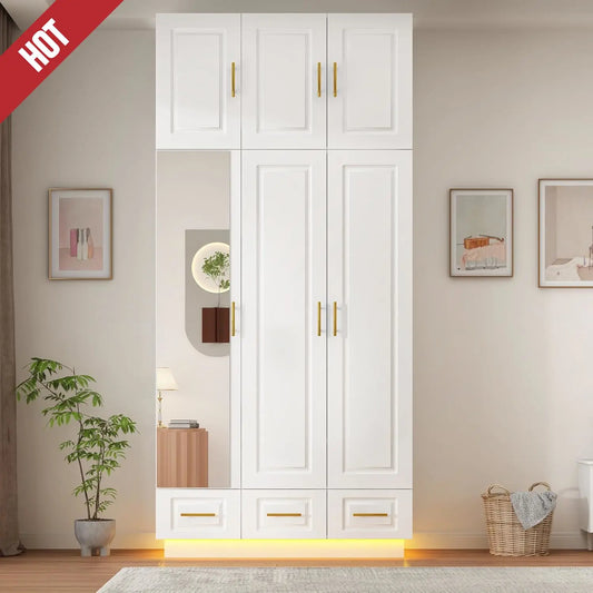 Large Armoire Wardrobe Closet Cabinet with Drawers and LED Lights, Large Capacity Storage 3 Door Wardrobe Armoire.