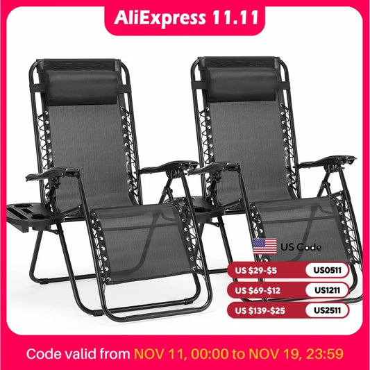 Zero Gravity Set of 2 Portable Recliner Camping, Patio, Garden Lounge Chair, with Cup Holder Trays