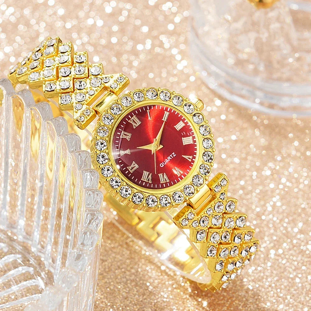 5Pcs Golden Luxury Watch Women Ring Necklace Earring Rhinestone Jewelry Set.