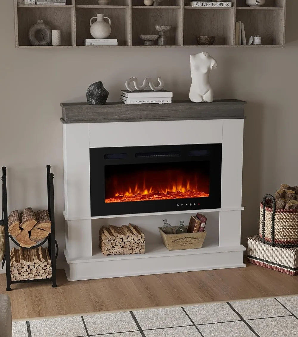 40" Freestanding Electric Fireplace Heater with Mantel, 12 Flame Colors & Remote Control for Living Room.