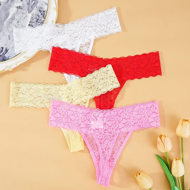 3PCS Lace Floral Women Panties ,Low Waist Breathable Briefs Female Thong Underwear M-2XL Sexy G-String Transparent Panty.
