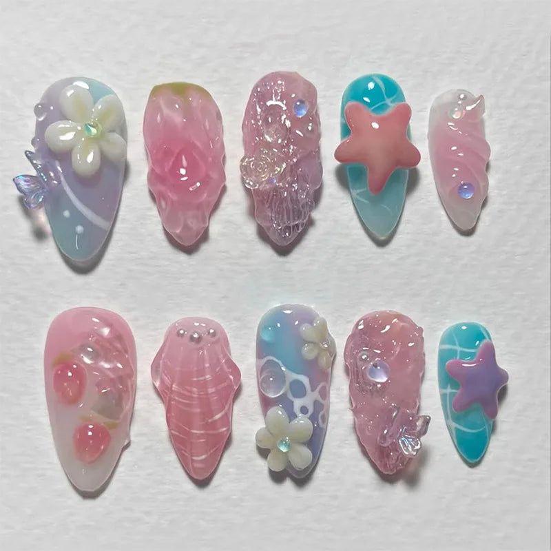 24Pcs Mid-length Almond Press on Fake Nails,3D Ripple Heart ,Pearl Star, Blue Smudge Detachable Full Cover Nails Tips.
