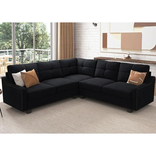 Convertible Sectional Sofa L Shaped Couch for Small Apartment ,Velvet Black.