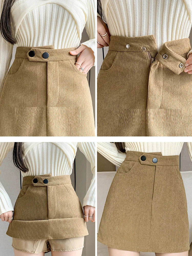 Woman Khaki High Waisted Casual Corduroy  Skirt