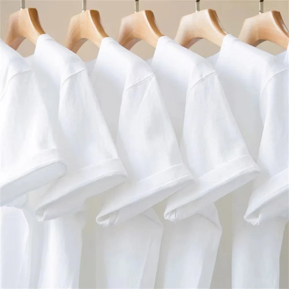 500/300g Heavy-duty White Pure Cotton T-shirt, Thickened Threaded Round Neck Short Sleeves.