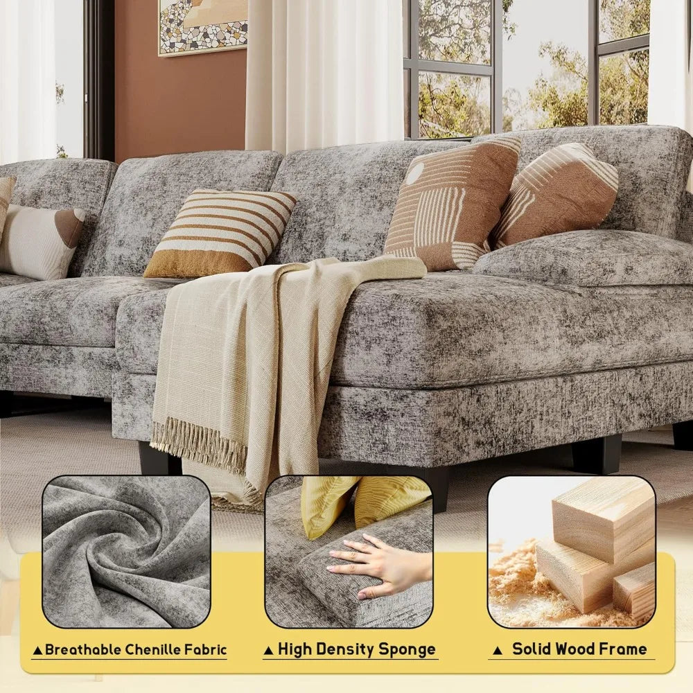 U-Shaped Sectional Sofa, 4-Seat Chenille Fabric Couch with Removable Pillows for Living Room, Apartment & Small Space (Grey)