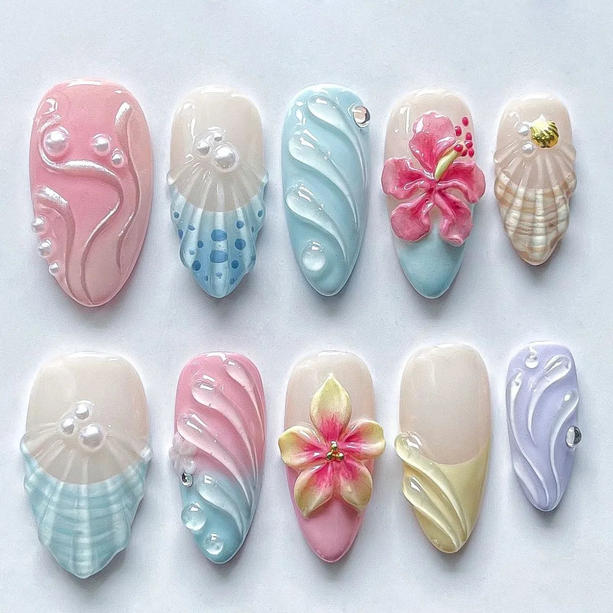24Pcs Mid-length Almond Press on Fake Nails,3D Ripple Heart ,Pearl Star, Blue Smudge Detachable Full Cover Nails Tips.