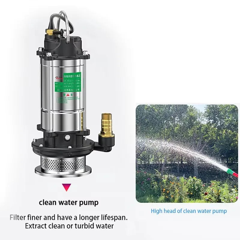 220V Submersible Pump Agricultural Pumping, Garden Tools, Drainage, Irrigation, Self-priming Sewage Pump Stainless Steel.