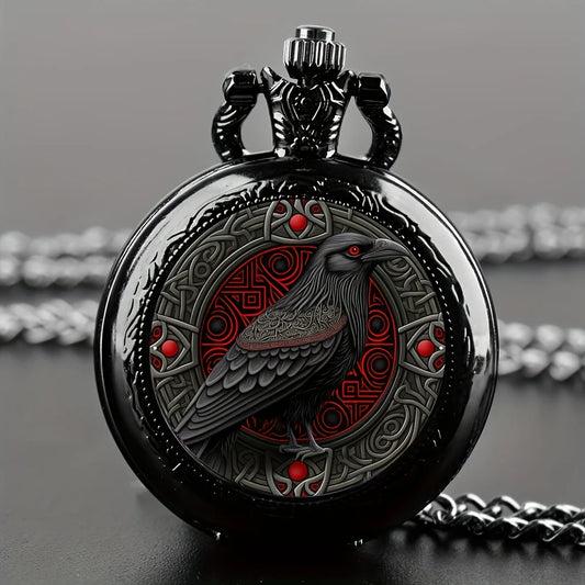 Gothic Design Black Raven Pocket Watch With Necklace Alloy Case & Band,Quartz Movement, Non-Waterproof Watch for Men.