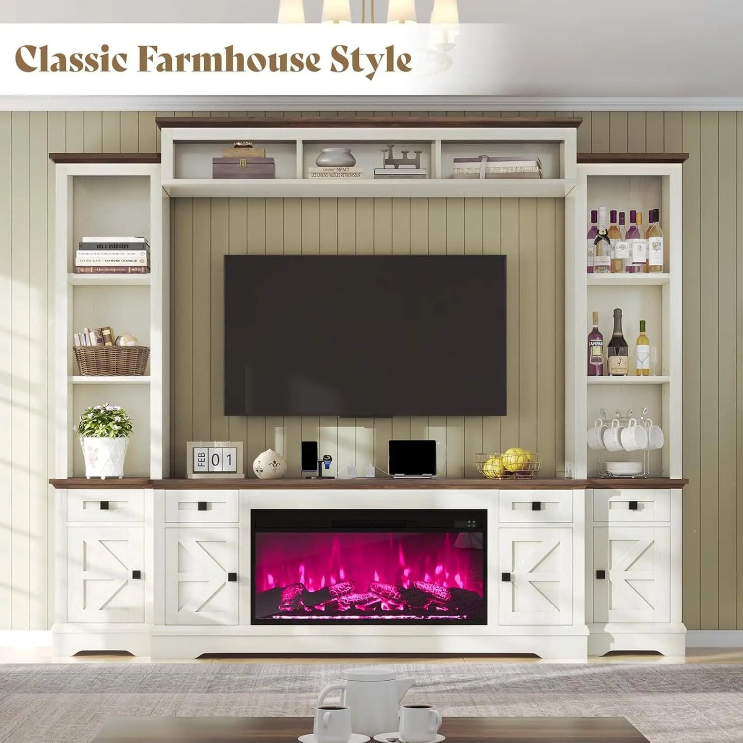 98in Farmhouse Entertainment Center with 36" Fireplace, TV Stand, Bookshelf, Wine Cabinet, Fits 75" TVs, Wall Unit Media Console.
