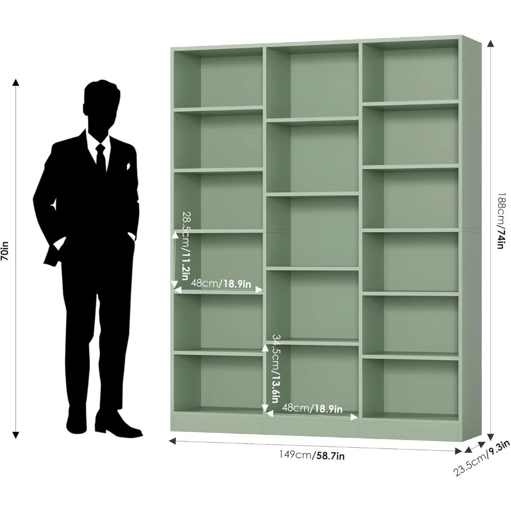 Triple Wide Six Tier Bookshelf 74 Inches Tall Seventeen Open Display Shelves for Living Room Office Library