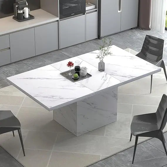 White Faux Marble Dining Table, 63 inch Modern Dinner Table for 6 People.