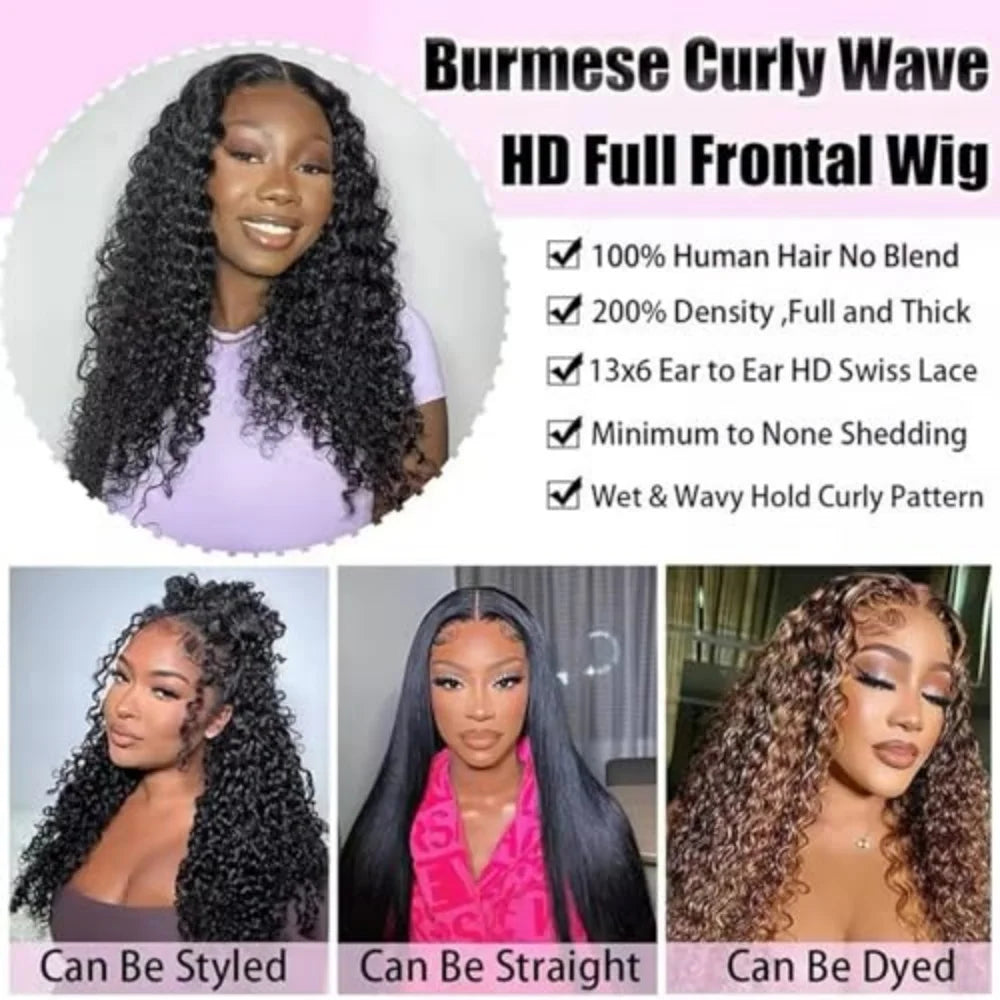 Burmese Curly Hair Wig Lace Front, Human Hair 13x6 HD Deep Wave Lace Front Wigs, Deep Curly Lace Frontal Wigs.