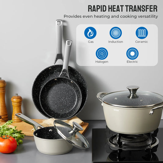 Batterie de cuisine à induction antiadhésive, ensemble de 10 casseroles et poêles, pour plaque à induction, compatible avec toutes les cuisinières.