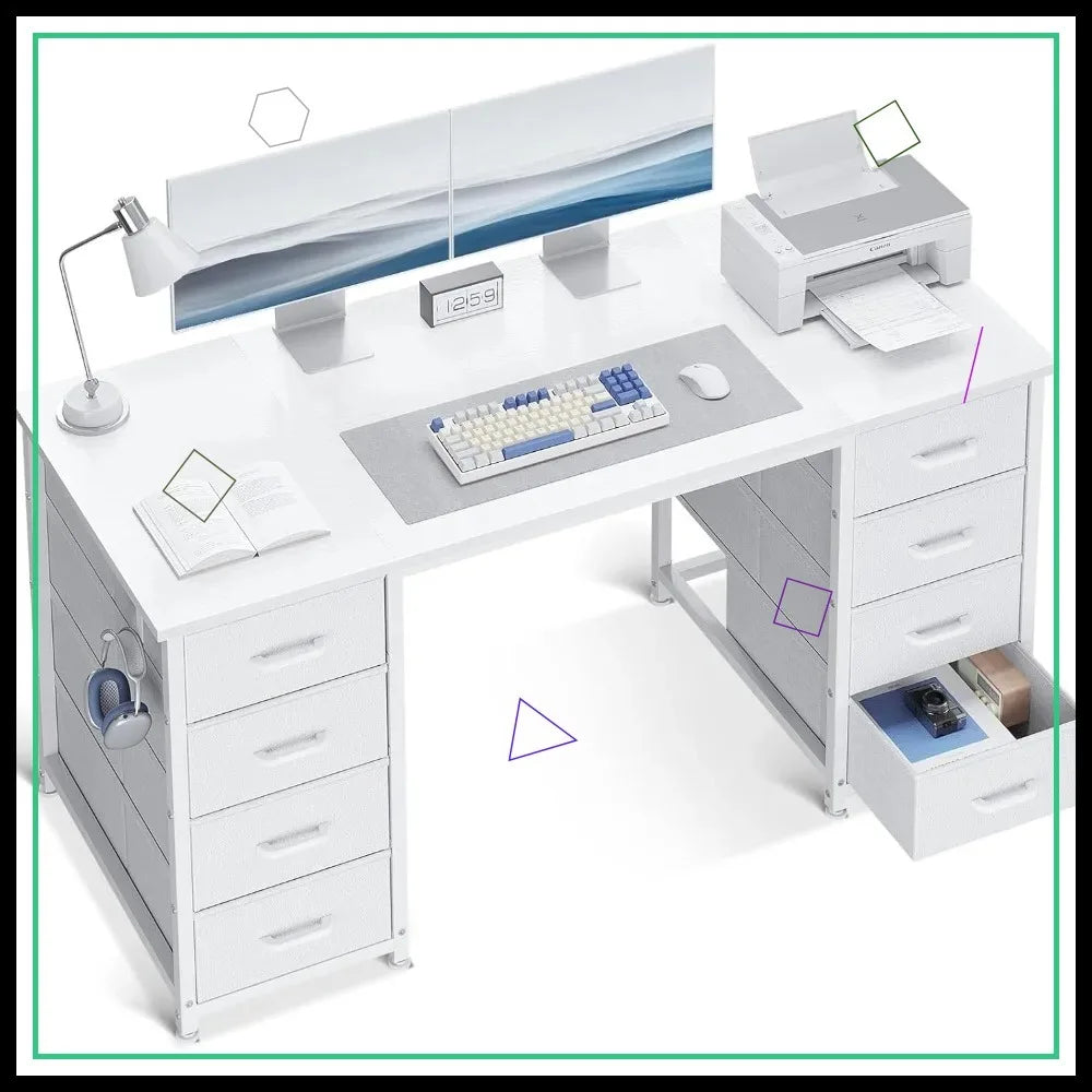 48-Inch White Computer Desk with 8 Fabric Drawers, Modern Office Desk for Home Office.