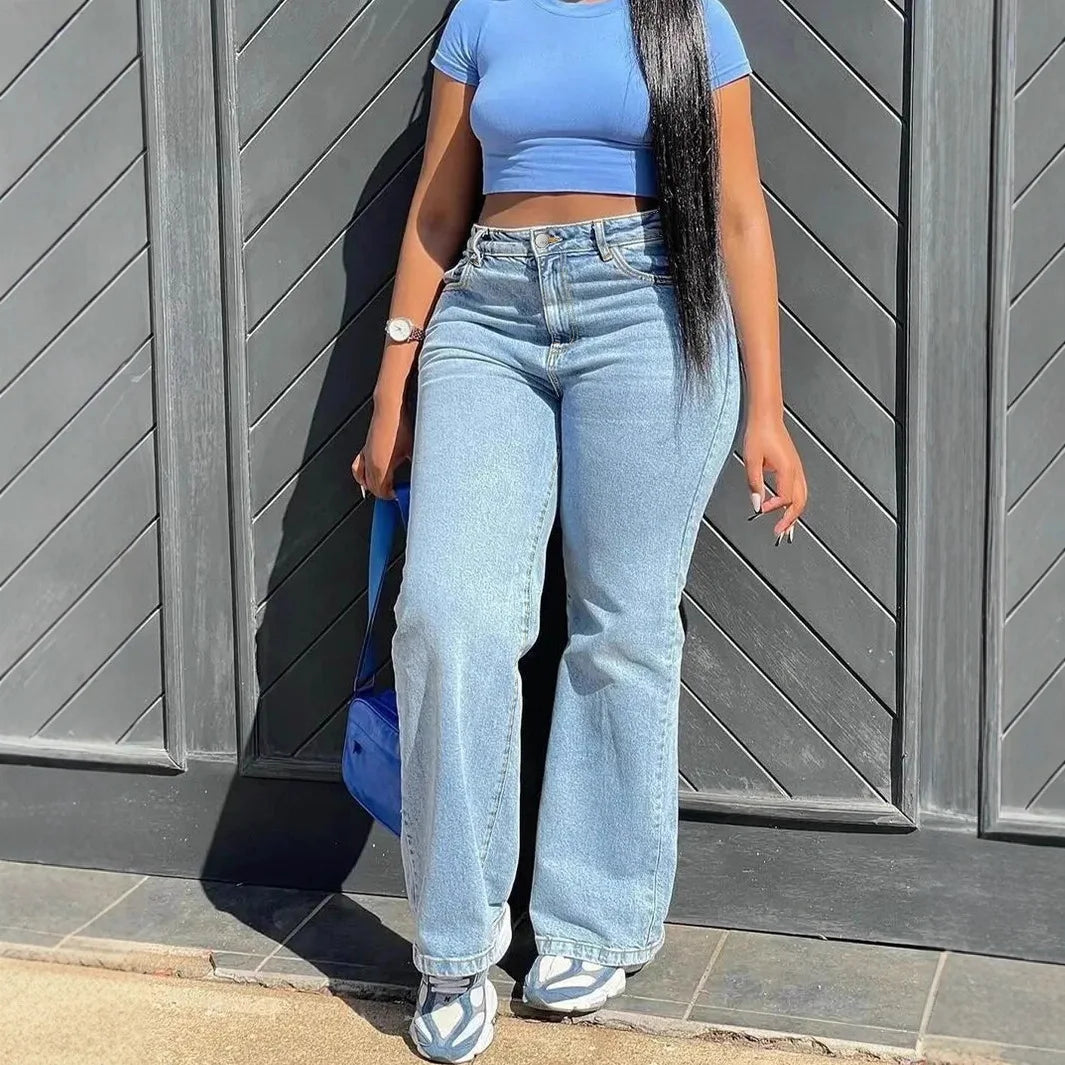 American style plus-size jeans, light blue stretchy high-waisted wide-leg pants.