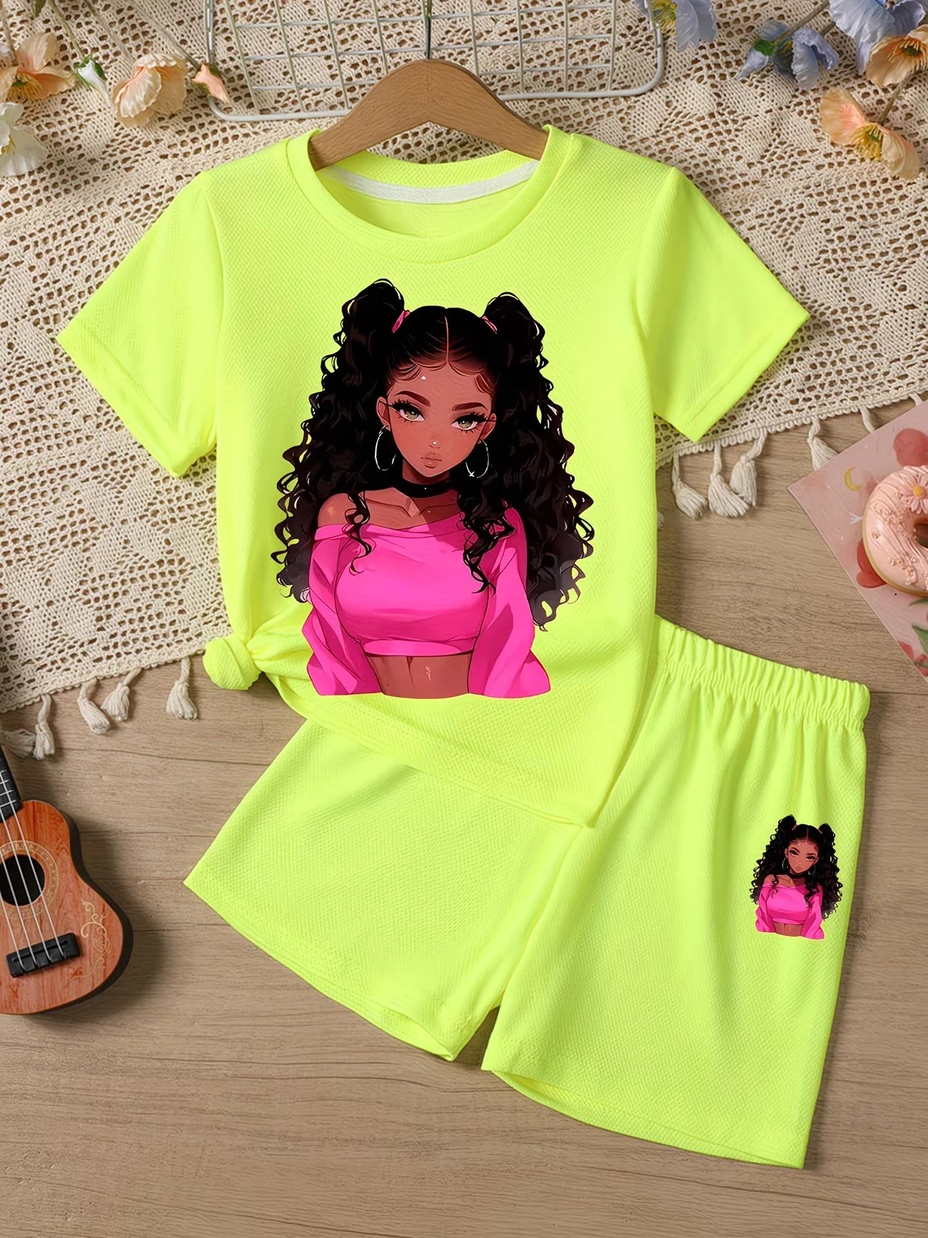 Kawaii Anime Print Kids Sport Suit, 2-Piece Set Girls Casual Summer Clothes.