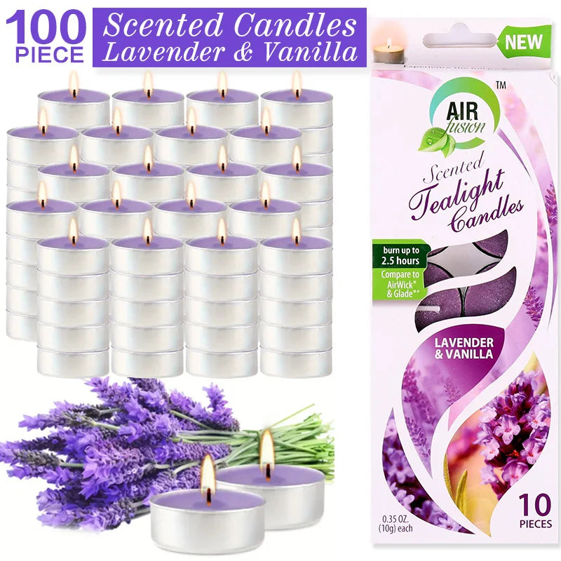 Air Fusion 100 Count Tea Lights Candles Purple Lavender & Vanilla Scented 2.5 Hours Smoke-free Drip-free.