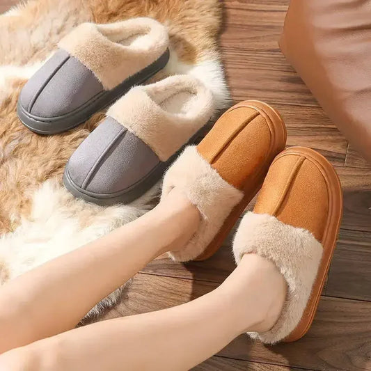 Fashionable women's plush slippers winter indoor, thick sole non-slip warm house shoes for home bedroom living room.