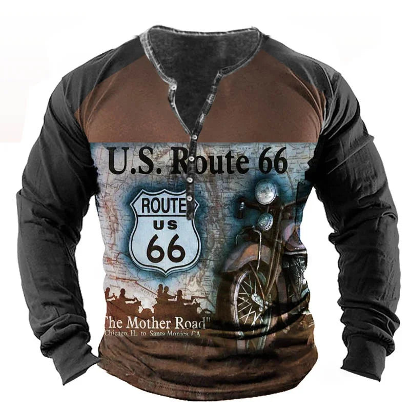 Vintage Men T Shirt Yellowstone National Park Long Sleeve Tee, Route 66 Letter Graphic.