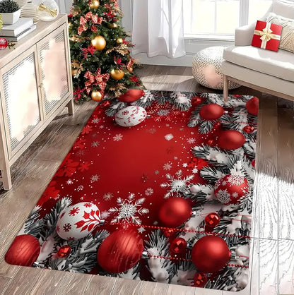 Christmas House Snowflake Area Mat, Red with Gold and White Snowflakes.
