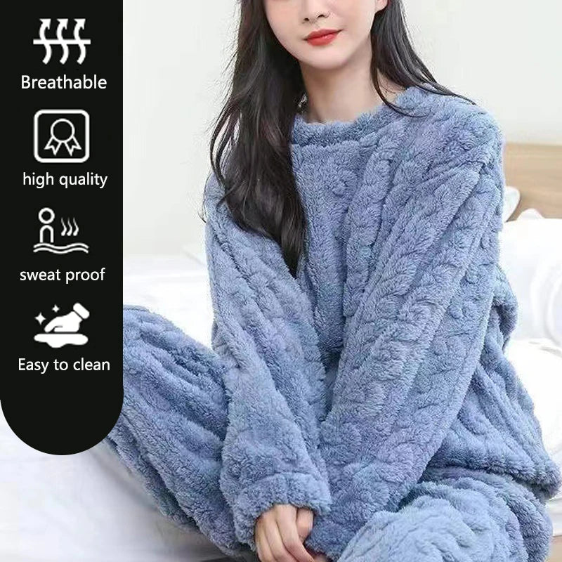 Thickened Warm Autumn and Winter Flannel Pajamas Women Long-Sleeved Loungewear