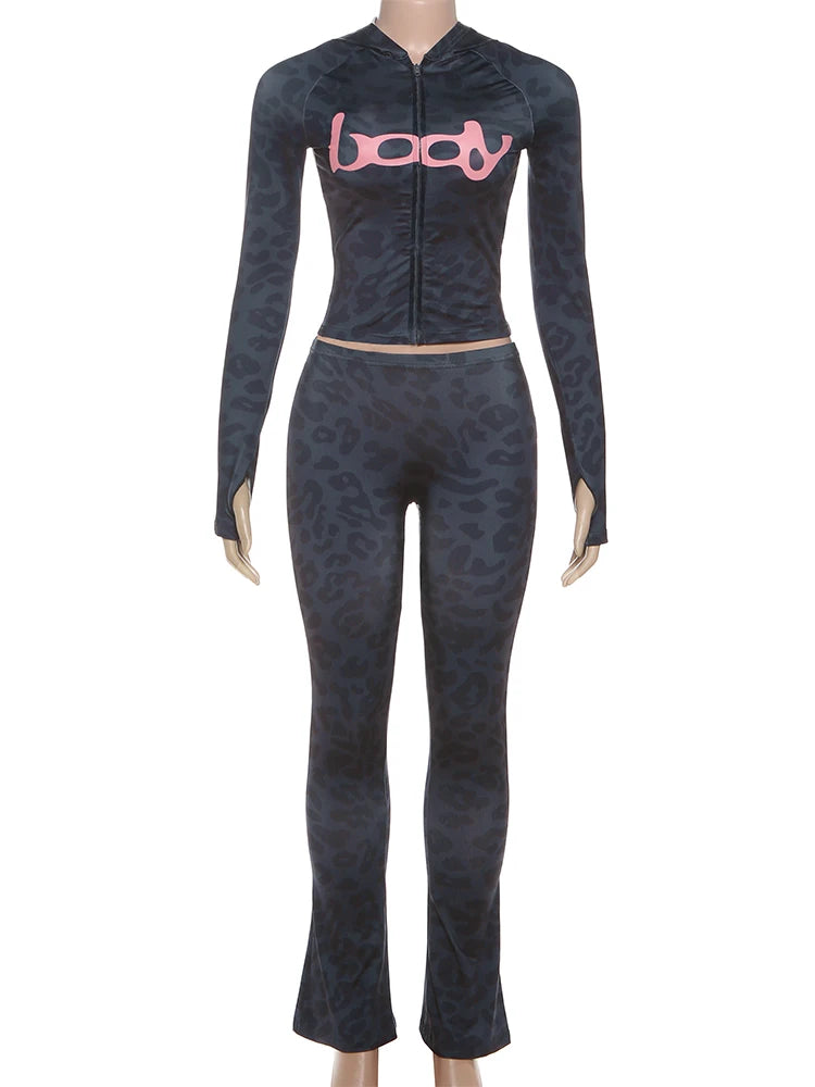 Letter Print 2 Piece Set, Women Zip Cardigan Hooded Crop Jacket Skinny Leggings, Wild Sporty Style Outfits,