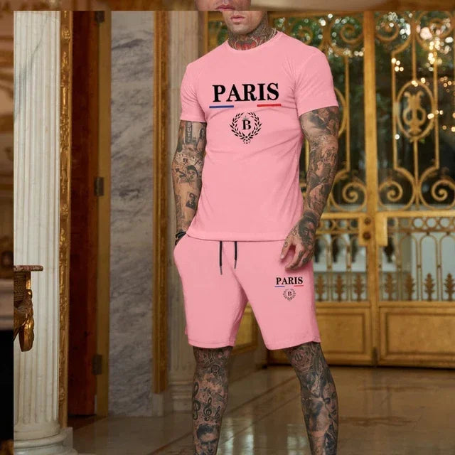 New Summer Men Fashion Short sleeved T-shirt and Shorts, 2-piece Set Sportswear  Casual Men Set.