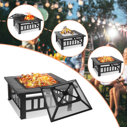 Steel Fire Pits for Outside, 32'' Square Wood Burning Fire Pit Table.