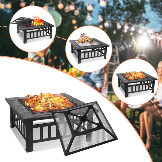 Steel Fire Pits for Outside, 32'' Square Wood Burning Fire Pit Table.