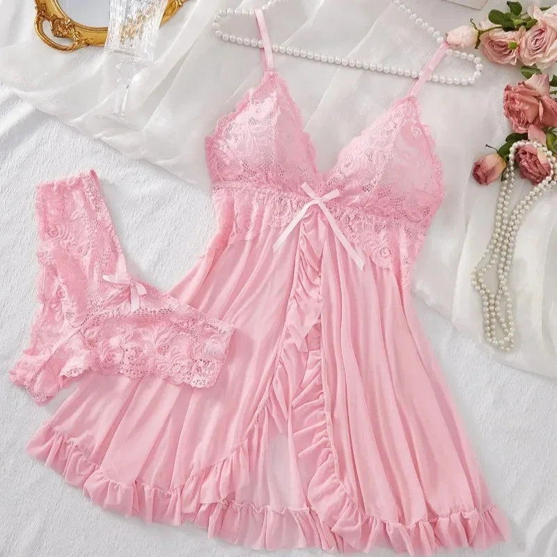 Sexy Lingerie Set, Women Erotic Bra Nightdress Sexy Sleepwear, V Neck Full Slip.