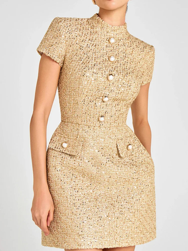 Elegant Dress for Women Vintage Short Sleeve Dresses, Solid Button Stand Collar Mini 2026 New Spring Summer Dress