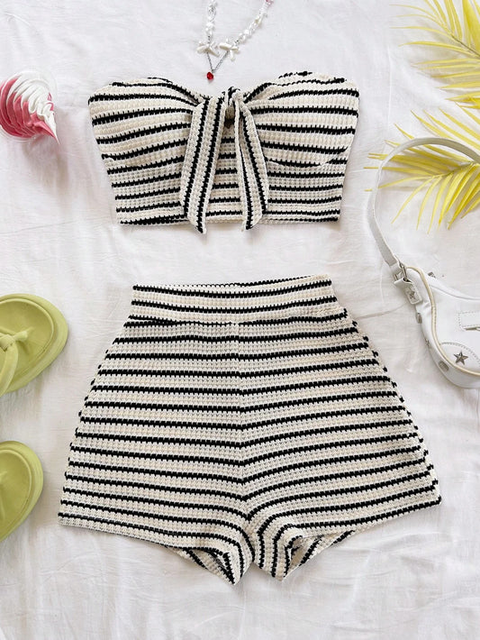 Women's Elegant 2-Piece Fashion Striped Set with Butterfly Detail Top and High-Waisted Shorts.