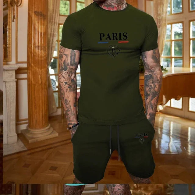 New Summer Men Fashion Short sleeved T-shirt and Shorts, 2-piece Set Sportswear  Casual Men Set.