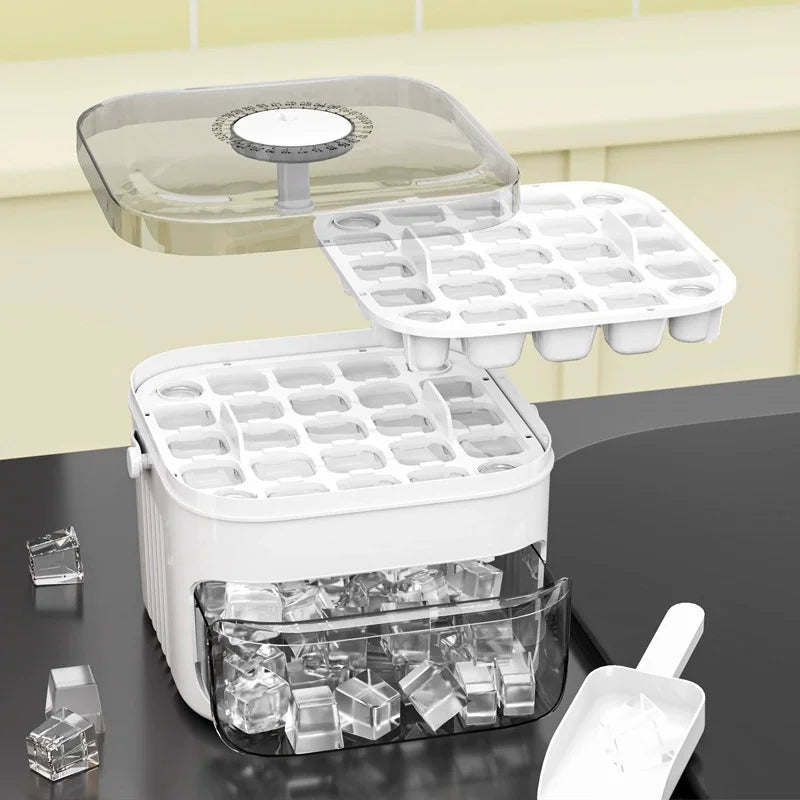 Compact Double Layer Ice Cube Tray with Lid and Bin, Pull-Out Ice Drawer with Portable Handle.