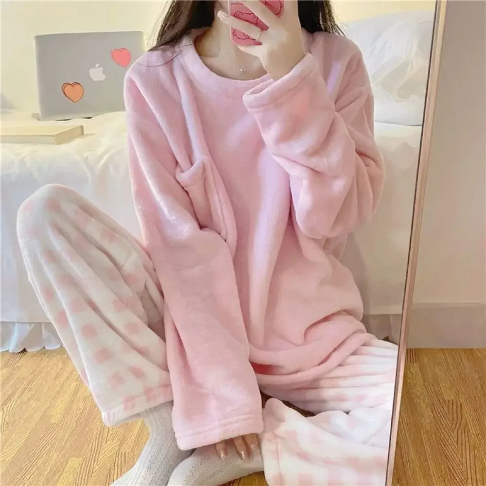 Thick Warm Women Pajamas Set, Winter Sleepwear Casual  Women Suit