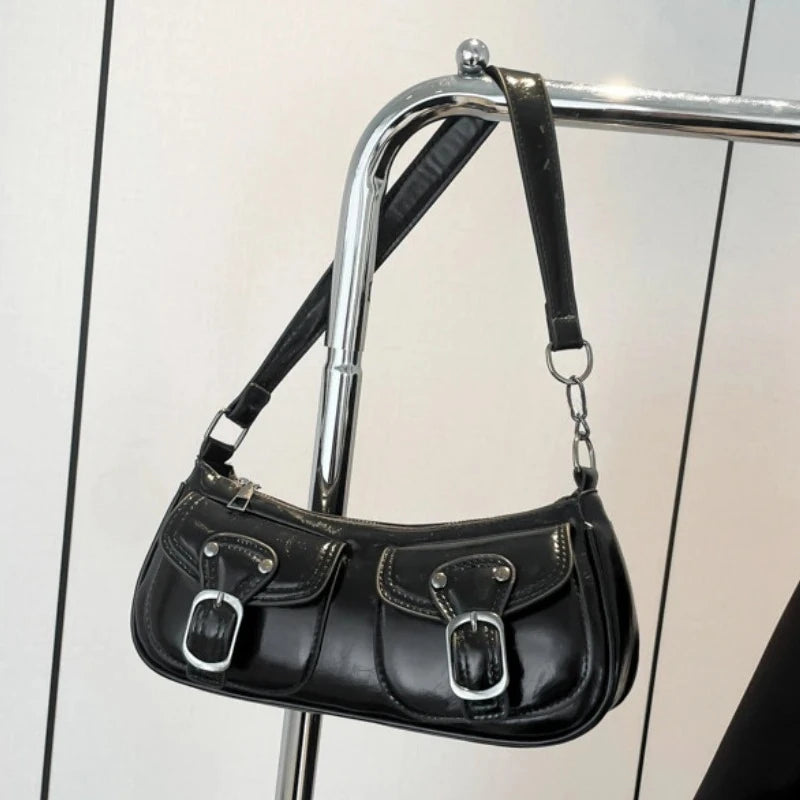 Fashion Pu Leather Women's Shoulder Bag, Small Double Pocket Design Ladies Underarm Bags Y2k. Vintage Female Handbags Clutch Purse